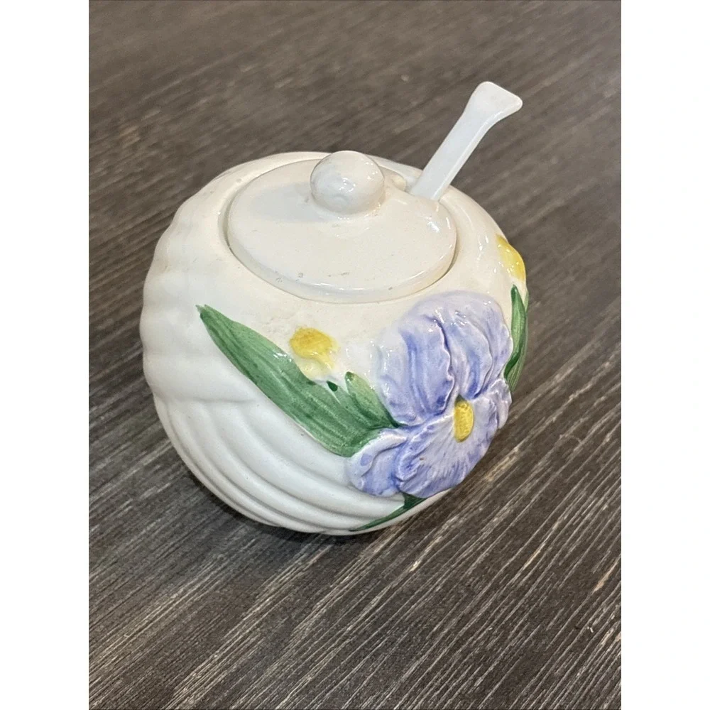 Otagiri Mary Ann Baker Floral Basket Jam Sugar Pot Bowl with Spoon Japan Vintage